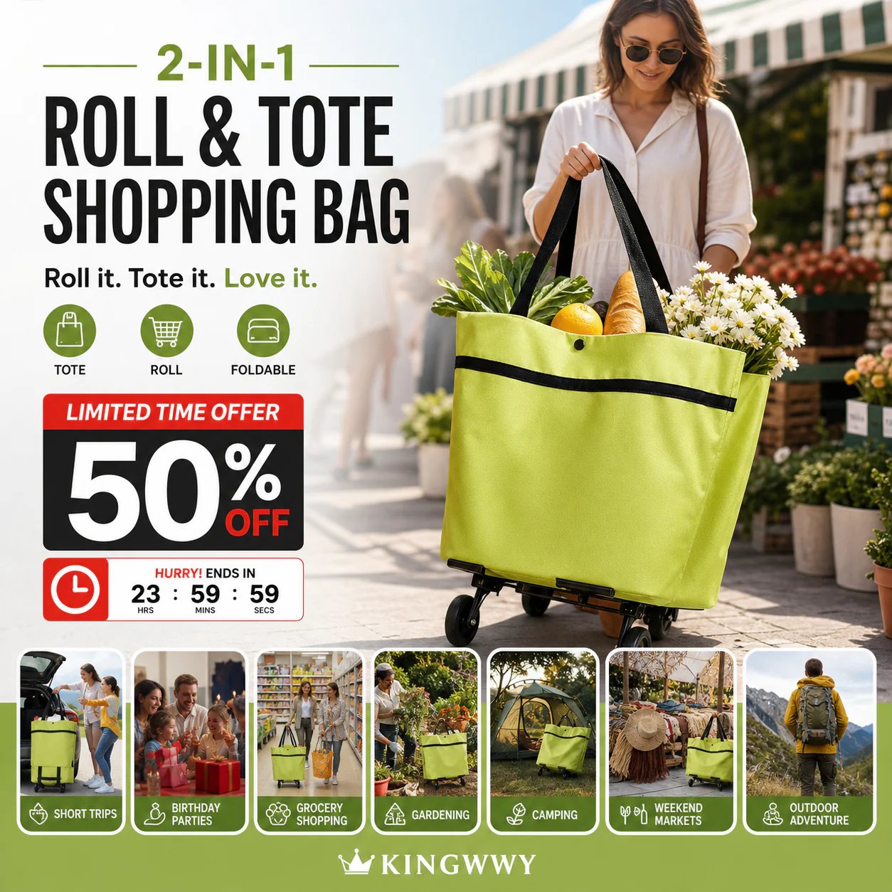 🎁 50% OFF Gift for Mom – 2-in-1 Foldable Shopping Cart with Wheels