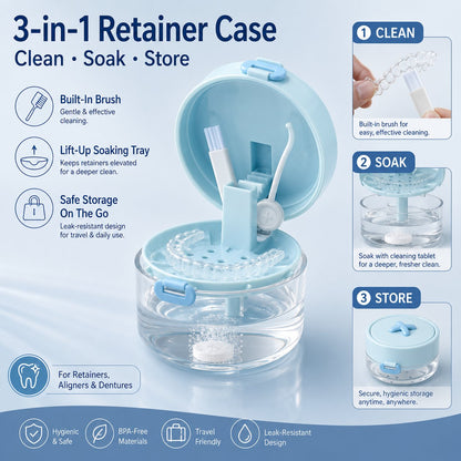 🦷✨3-in-1 Retainer & Denture Cleaning Case- Clean, Soak & Store Your Dental Appliances In One Compact Case