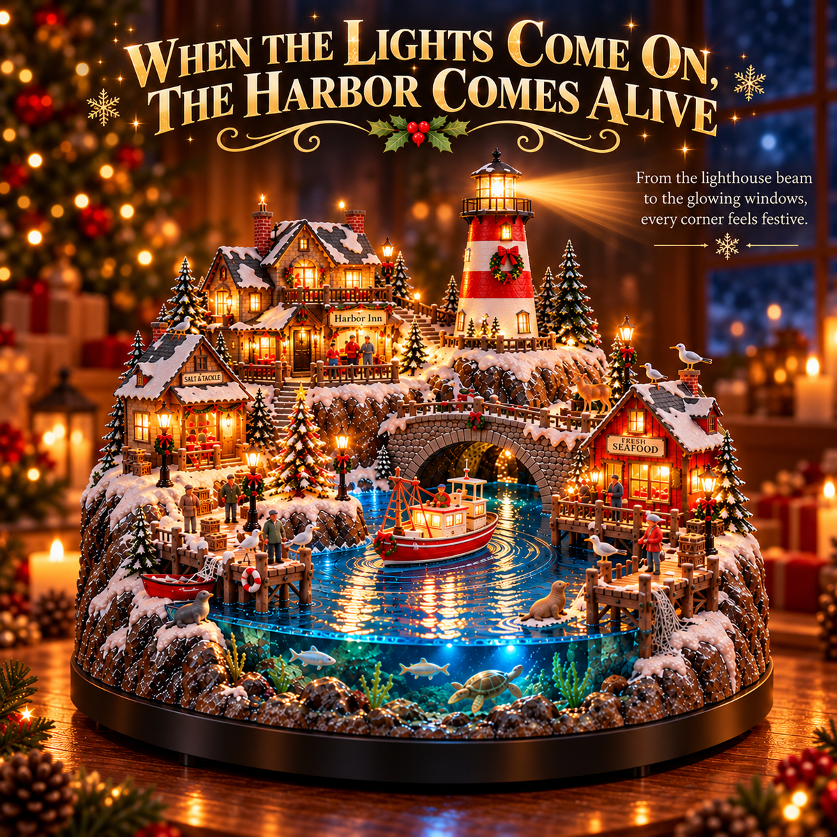 🔥 HOT SALE 49% OFF🔥 Harborlight Christmas™ — Lighted Coastal Village with Lighthouse, Fishing Boat & Underwater Scene ✨