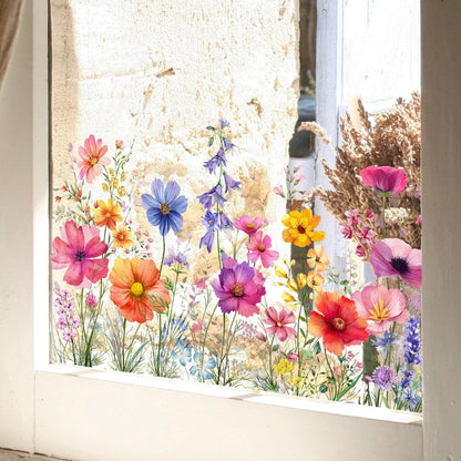 💐🖼️Colorful Floral Bouquet Window Cling - Double-Sided Printed Static Sticker for Home Decor