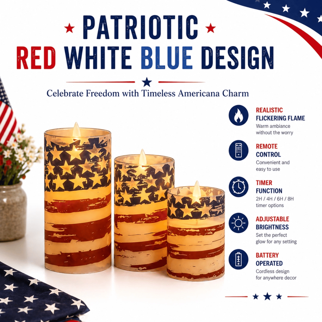 Patriotic LED Flameless Candles 3 Pack with Remote Timer 4th of July