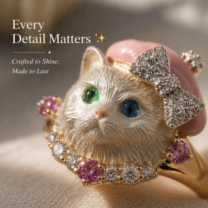 🐱💍Whimsical Pink Beret Cat Ring with Crystal Bow & Gemstone Eyes