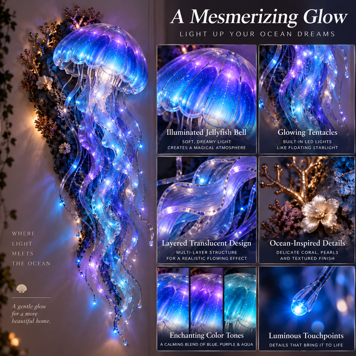 Detailed illuminated Jellyfish Dream wall decoration