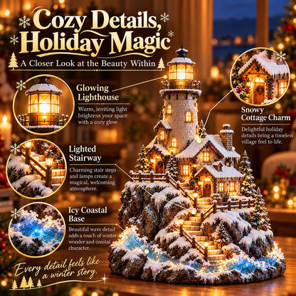 ❄️ Winter Lighthouse Cottage Glow — Lighted Coastal Christmas Village ✨
