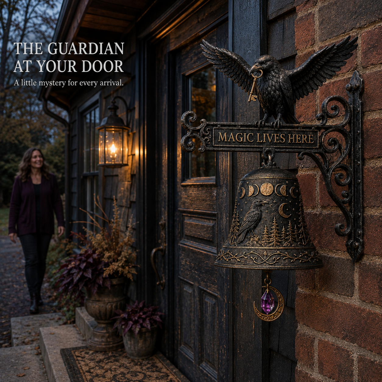 🐦‍⬛🔔 Enchanted Raven Bell – Gothic “Magic Lives Here” Door Decor