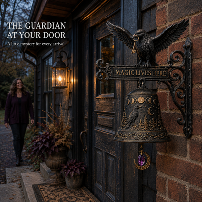 🐦‍⬛🔔 Enchanted Raven Bell – Gothic “Magic Lives Here” Door Decor
