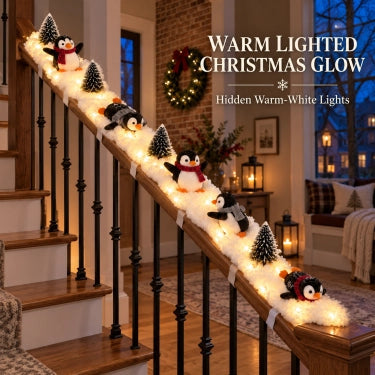Warm glowing penguin Christmas staircase at night