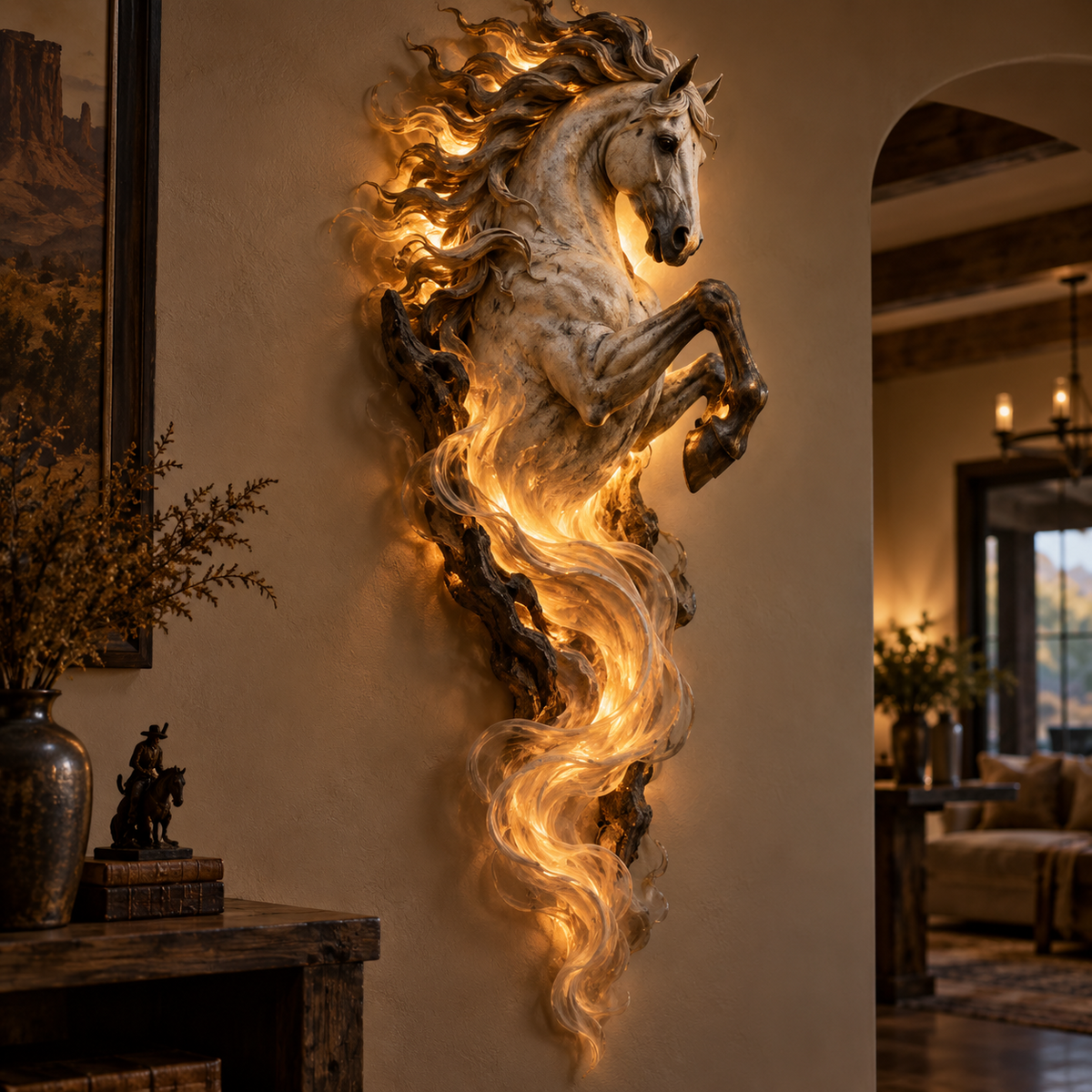Emberlight Rearing Horse Wall Sculpture illuminated in a warm home