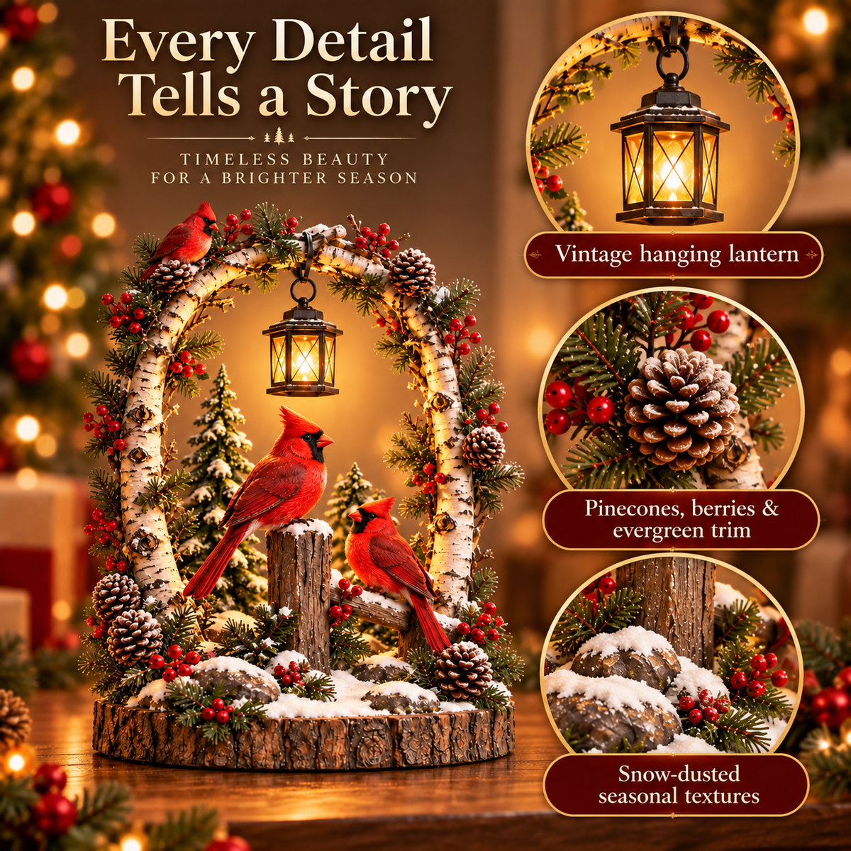 🐦✨ Cardinal Winter Glow Lantern – Lighted Woodland Christmas Tabletop Décor