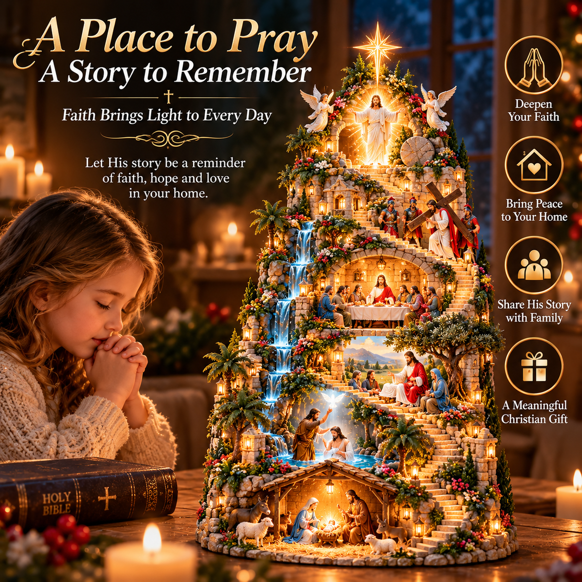 ✝️ “The Journey of Faith™” — A 3D “Life of Jesus” mountain display featuring integrated lighting and six sacred biblical scenes.