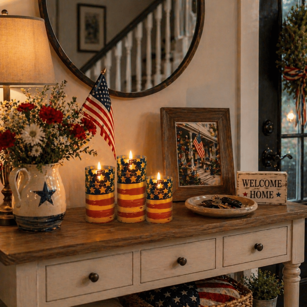 Patriotic LED Flameless Candles 3 Pack with Remote Timer 4th of July