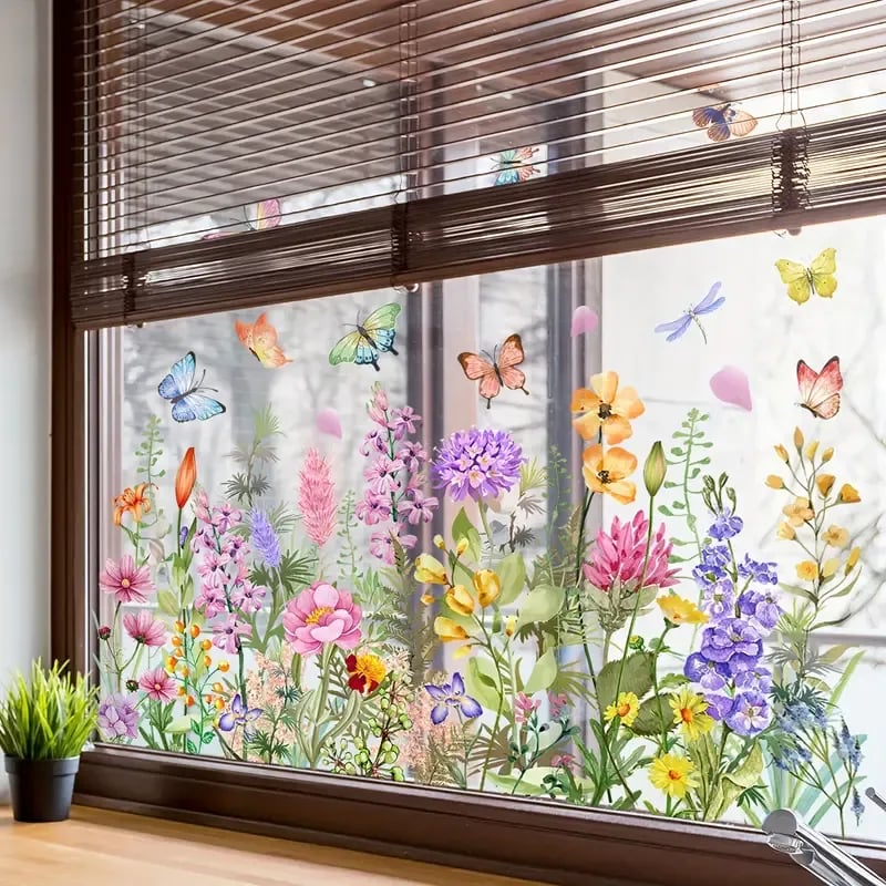 💐🖼️Colorful Floral Bouquet Window Cling - Double-Sided Printed Static Sticker for Home Decor