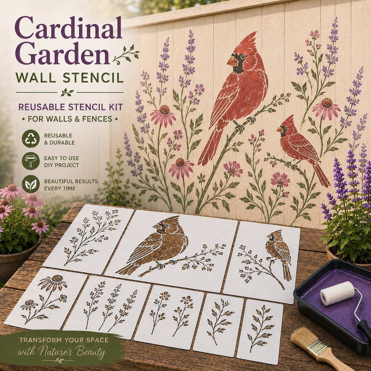 🌿🌸Garden Bloom Wall Stencil Collection – Reusable DIY Floral Painting Templates