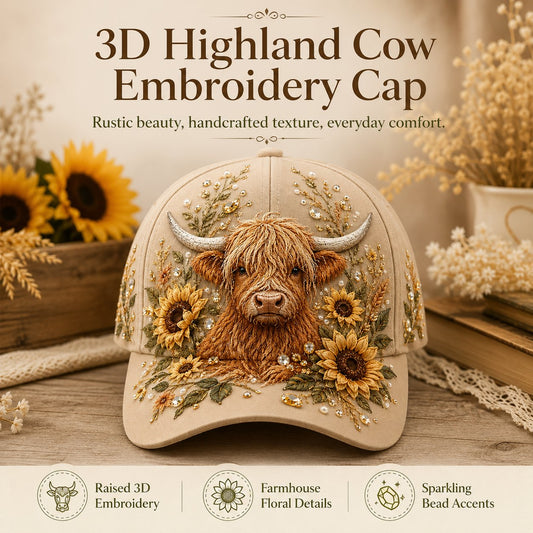 🦬3D Embroidered Highland Cow Baseball Cap – Lightweight, Breathable & Unisex