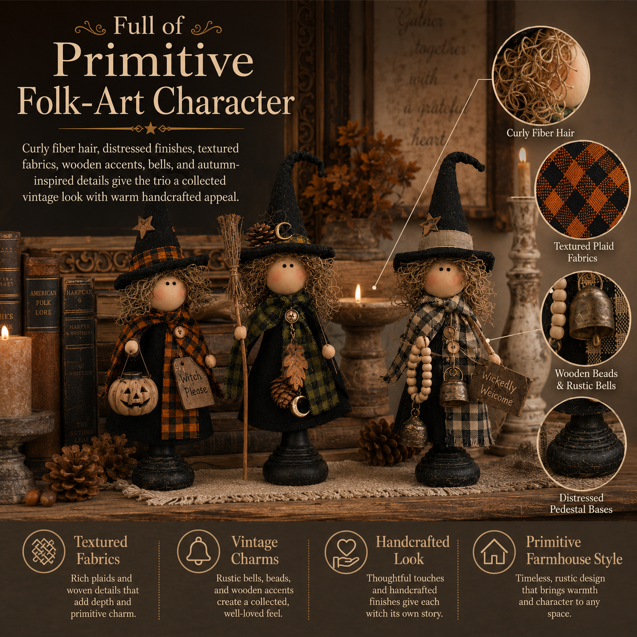 🎃 3-Piece Halloween Witch Figurine Set – Rustic Farmhouse Tabletop Decorations for Fall Home Decor