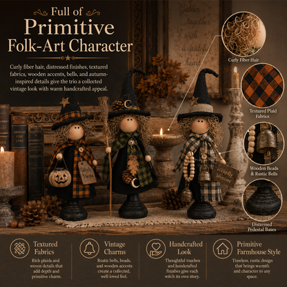 🎃 3-Piece Halloween Witch Figurine Set – Rustic Farmhouse Tabletop Decorations for Fall Home Decor
