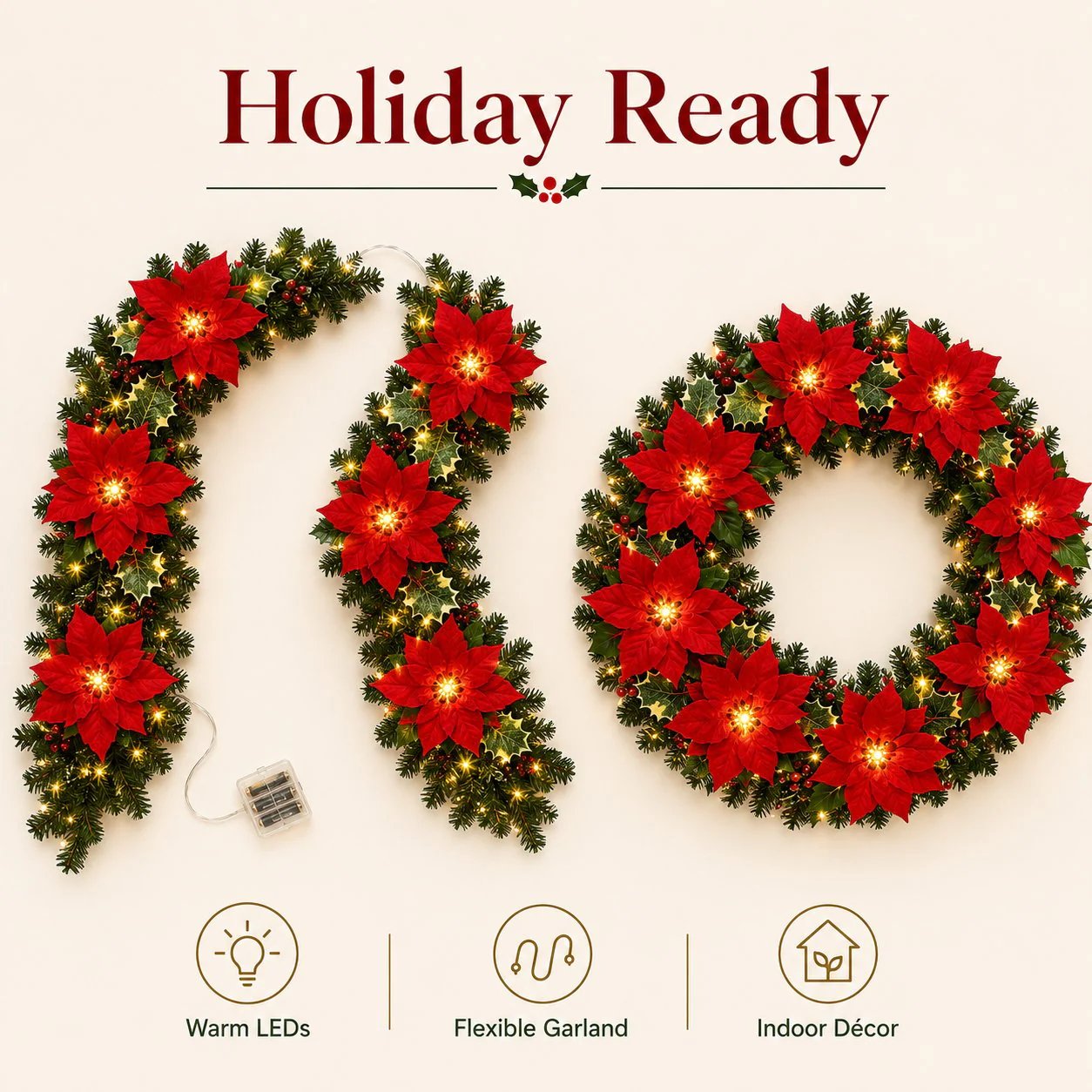 🎉🎁 49% OFF Christmas Gift Decor – Poinsettia LED Garland String Lights