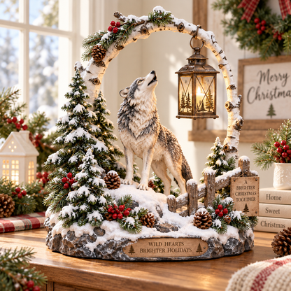🐺❄️ Howling Wolf Wooden Lantern | Winter Woodland Light-Up Decoration