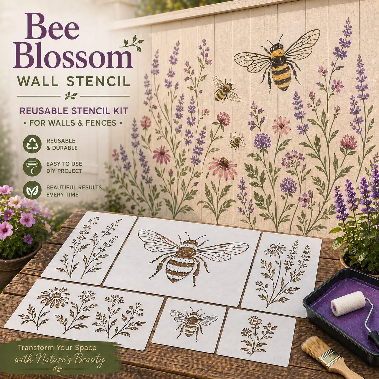 🌿🌸Garden Bloom Wall Stencil Collection – Reusable DIY Floral Painting Templates