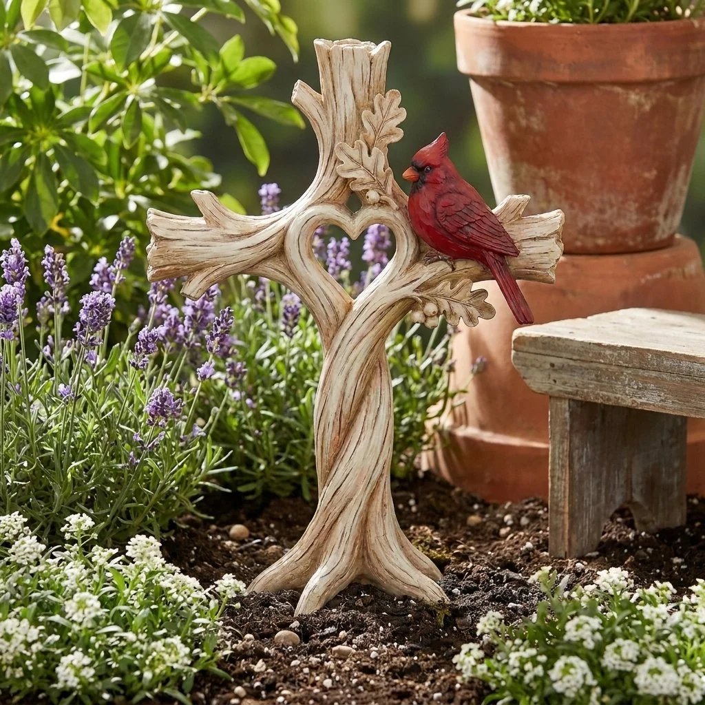 🔥LAST DAY 49% OFF -🐦Cardinal Heart Tree Cross – Hand-Carved Solid Wood Decor