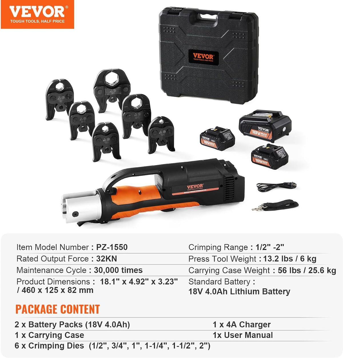 VEVOR 18V Electric Pipe Crimping Tool Press Tool Kit | 1/2' to 2' Copper Pipes, Compatible with ProPress, 6 VUS Press Jaws, 2pcs 4AH Battery & Fast Charger, Carrying Case
