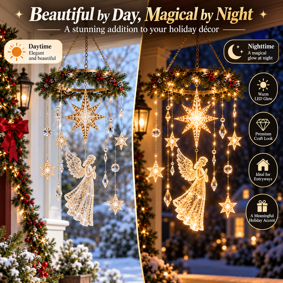 Angel Star Christmas Hanging Light – Warm White LED Holiday Chandelier with Crystal Accents