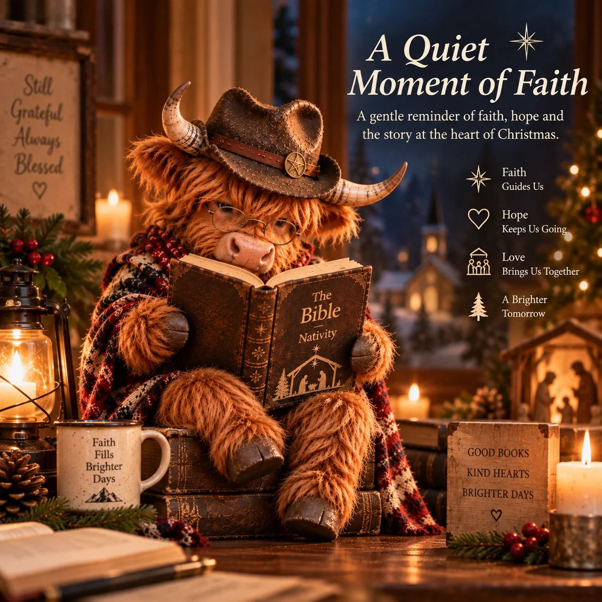 🎄 Highland Cow Bible Christmas Figurine | Christian Faith Shelf Décor & Meaningful Gift