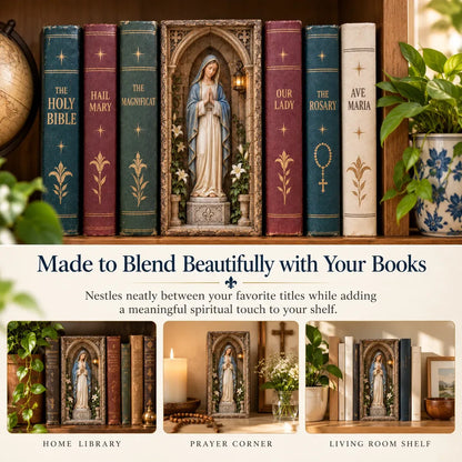 ⏳ Last Day 49% OFF –🙏 Virgin Mary Lighted Book Nook – Sacred Chapel Bookshelf Decor