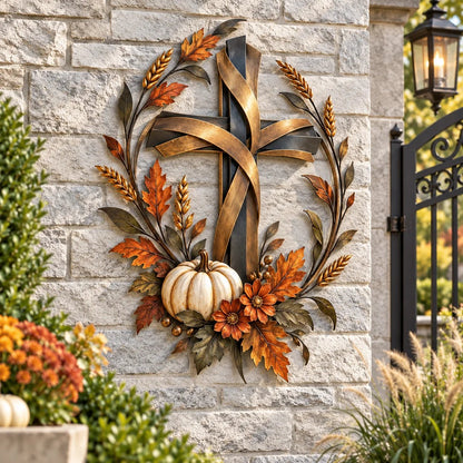 🔥LAST DAY 50% OFF -✝️🍂 Autumn Cross & Pumpkin Harvest Metal Wall Decor
