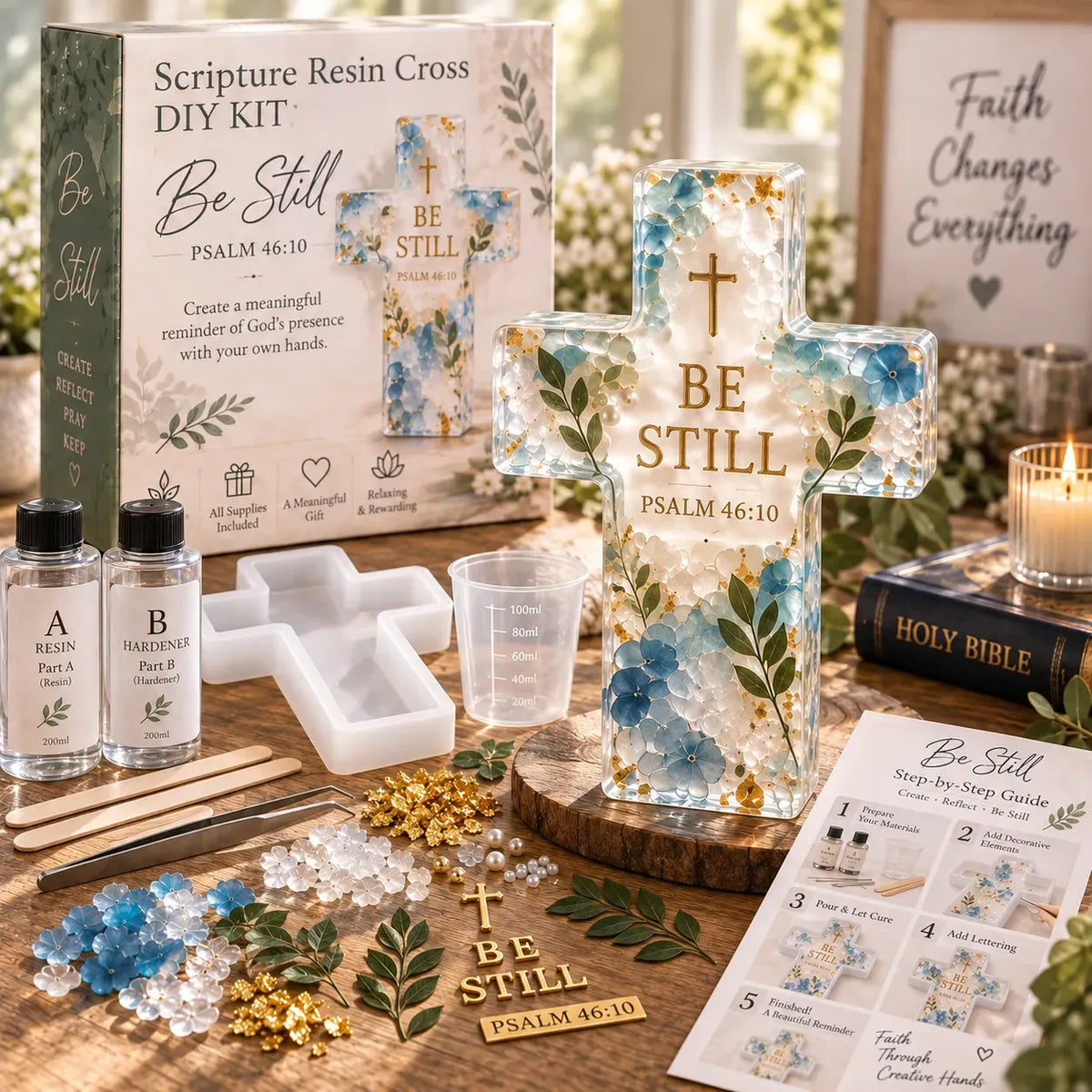 ⏳ Last Day 49% OFF –✝️ Beginner-Friendly Be Still Scripture Resin Cross DIY Kit