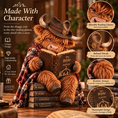 🎄 Highland Cow Bible Christmas Figurine | Christian Faith Shelf Décor & Meaningful Gift