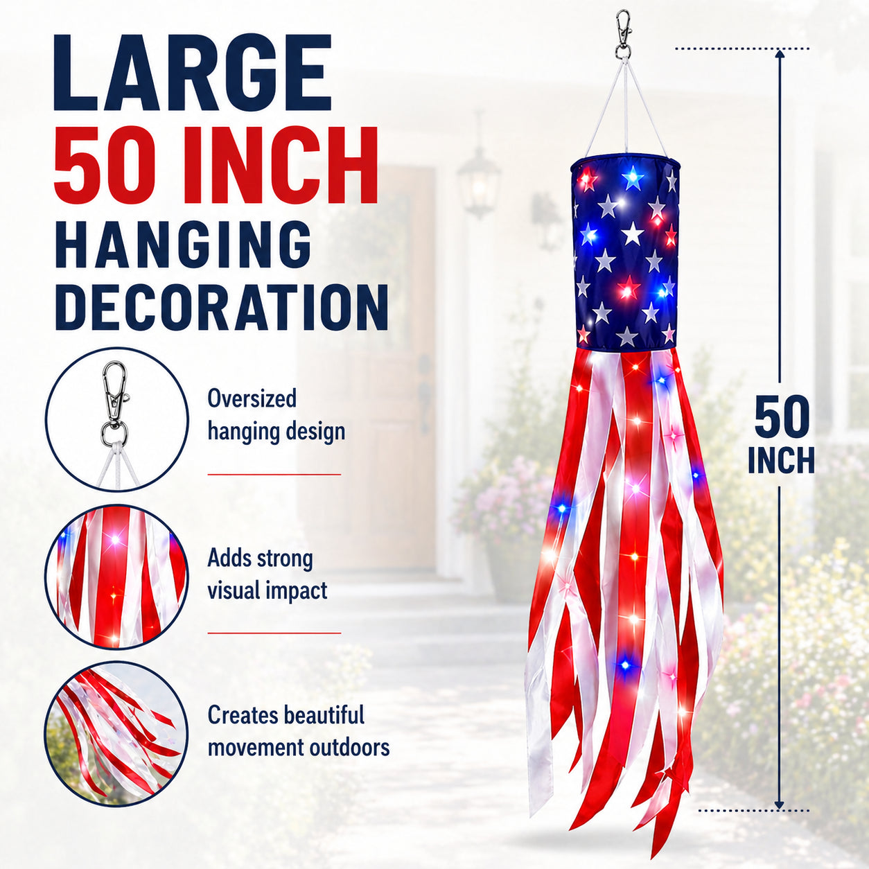 🔥2 Packs 50" Patriotic LED Windsocks American Flag Decor with Lights