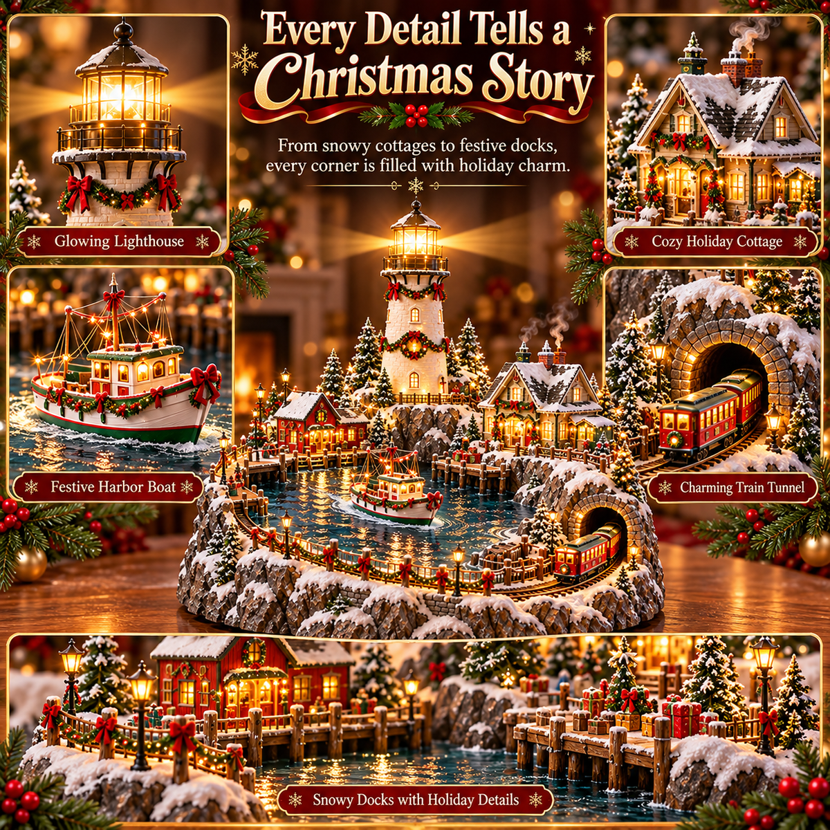 🔥 LAST DAY 49% OFF-🎄Christmas Lighthouse Harbor Village – Light-Up Winter Wonderland