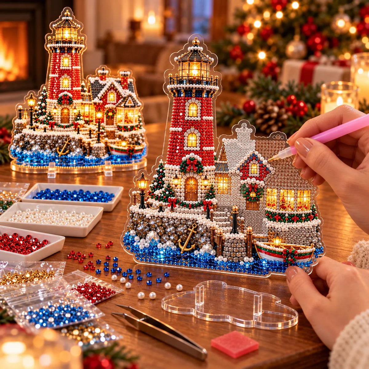 ✨ Last Day – 49% OFF!✨ Pearl Christmas Lighthouse Diamond Painting Kit🎅⛄️❄️