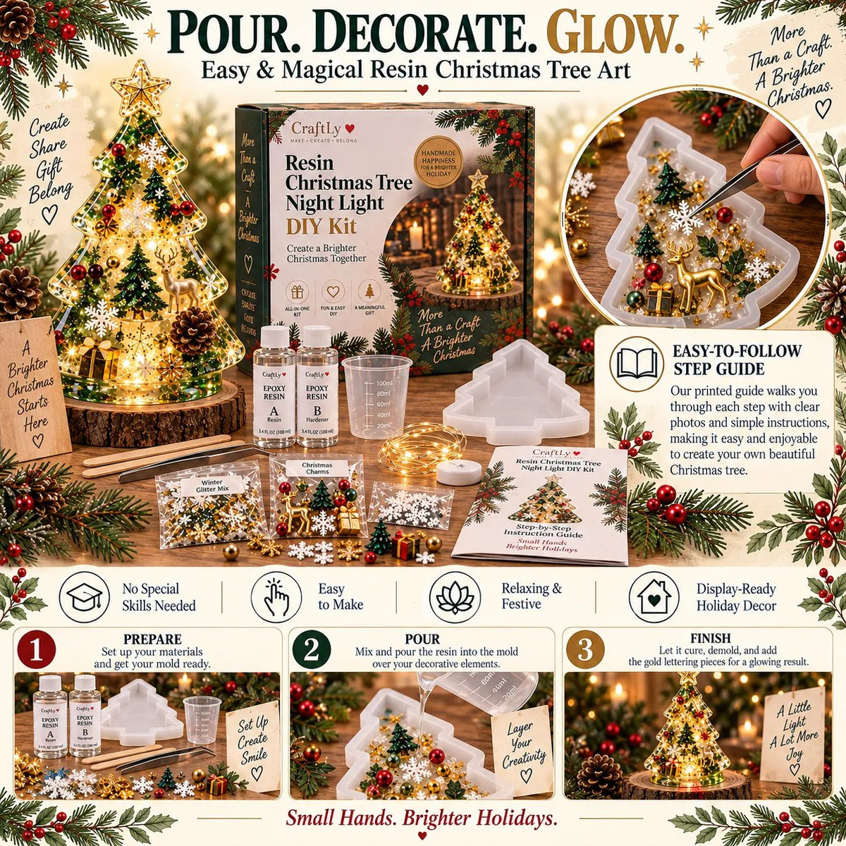 🎄Beginner-Friendly Resin Christmas Tree Night Light DIY Kit | Complete Kit with Mold, Resin, Fairy Lights & Festive Decorations ✨