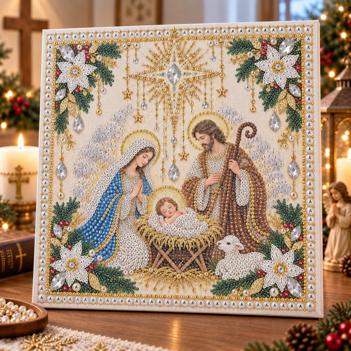 Pre printed Nativity pearl art board before completion