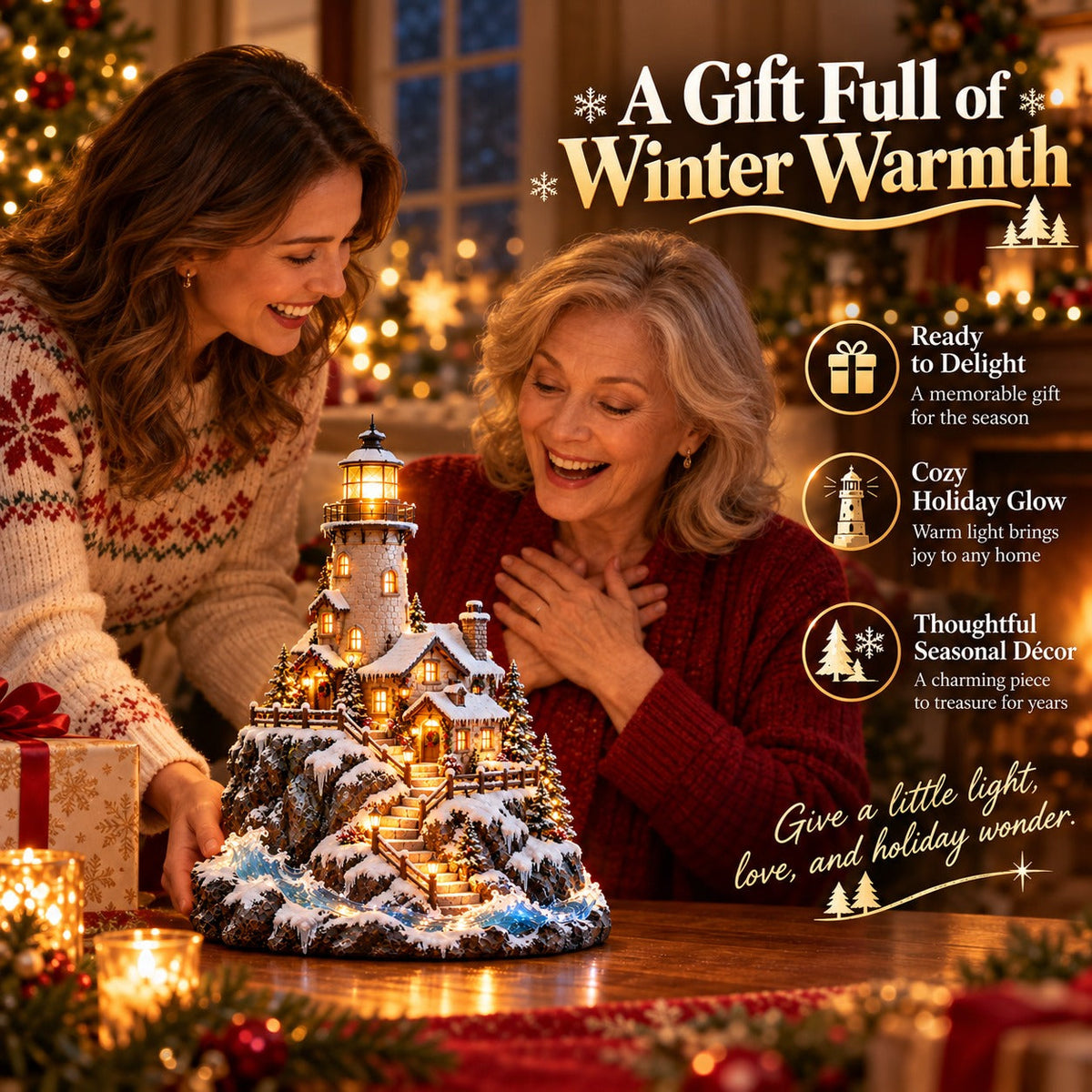 ❄️ Winter Lighthouse Cottage Glow — Lighted Coastal Christmas Village ✨