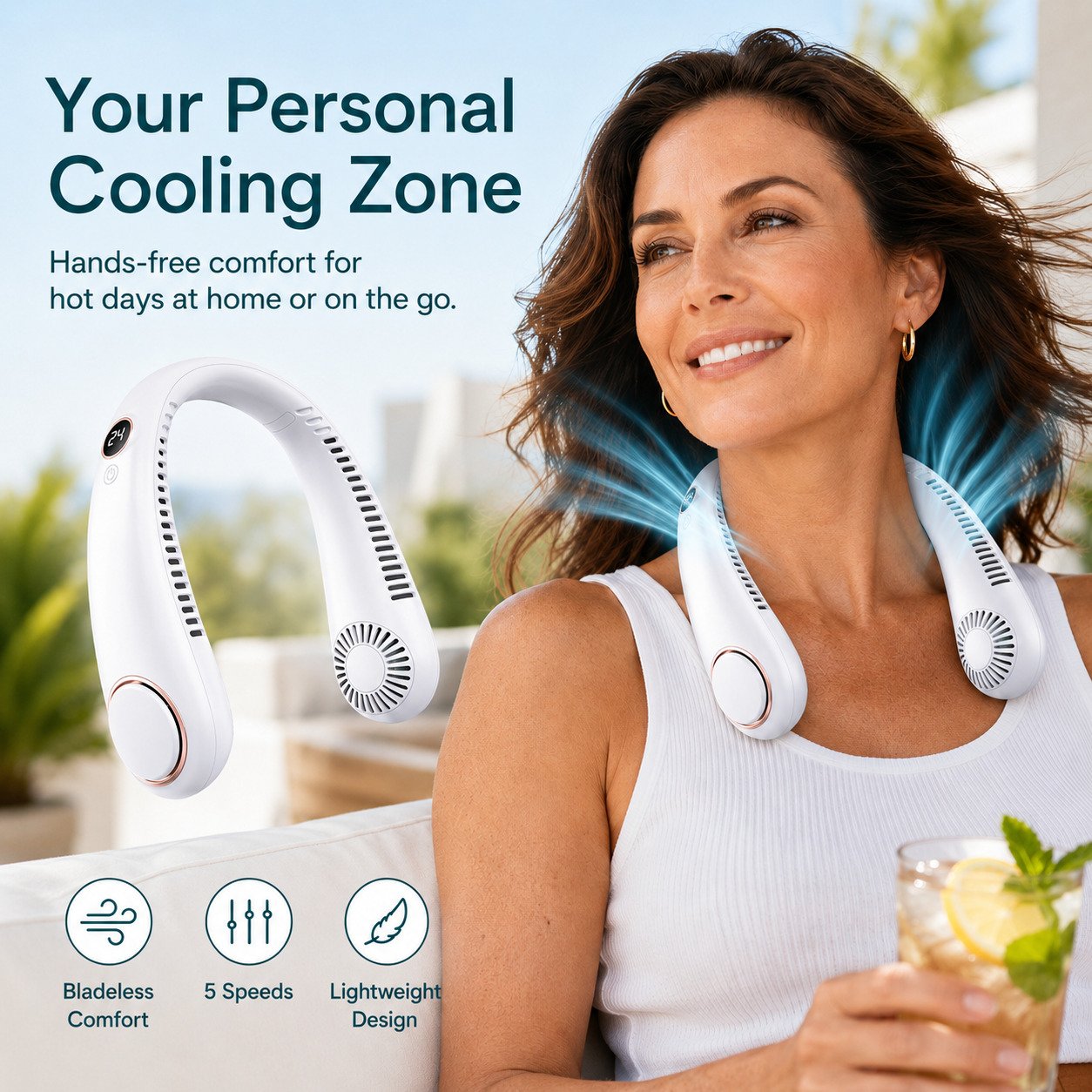 2026 Upgraded Wearable Bladeless Neck Fan 5-Speed Rechargeable Personal Cooling Fan