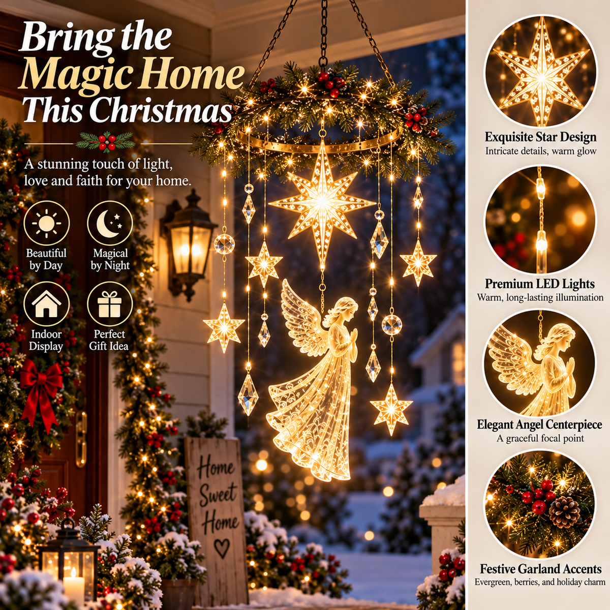 Angel Star Christmas Hanging Light – Warm White LED Holiday Chandelier with Crystal Accents
