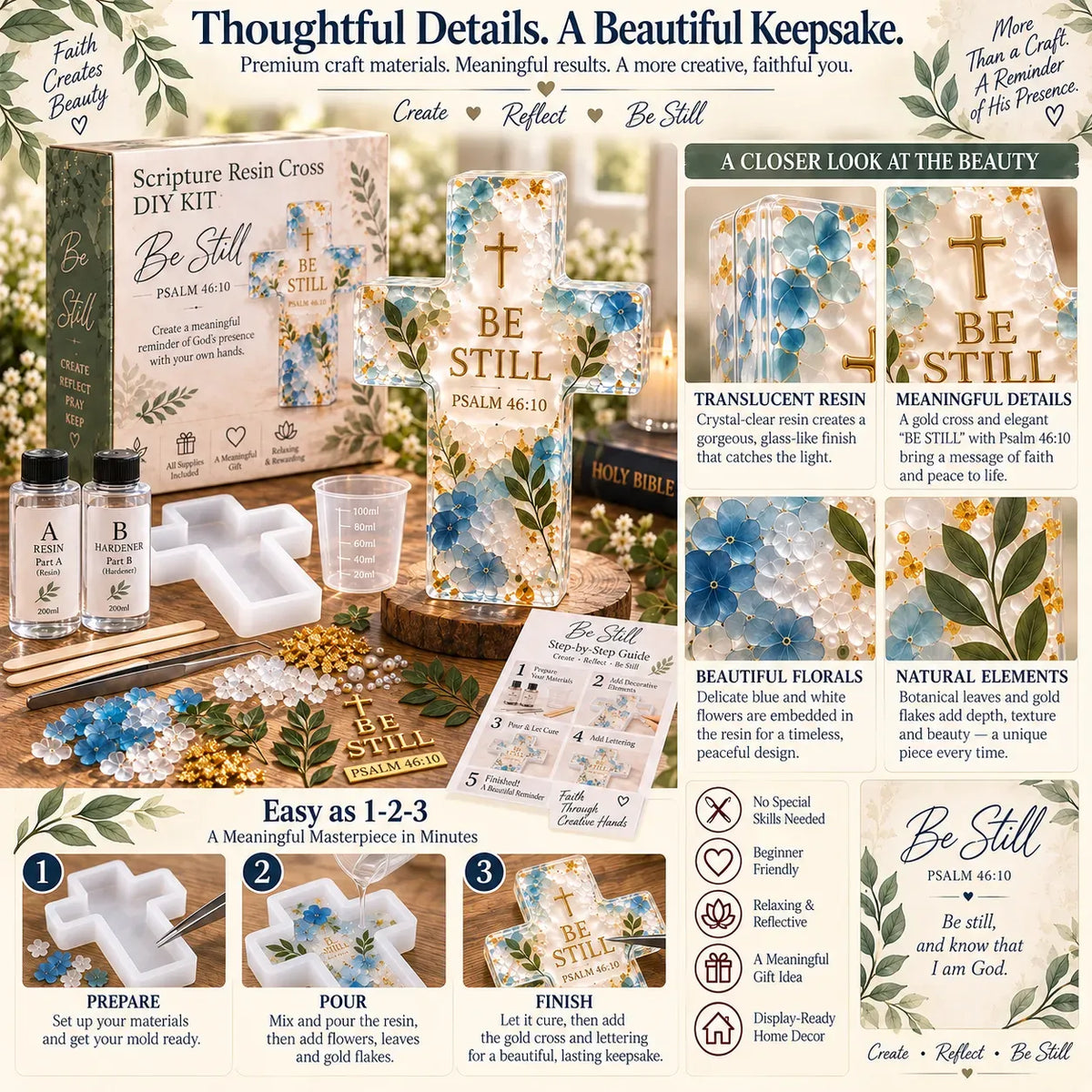 ⏳ Last Day 49% OFF –✝️ Beginner-Friendly Be Still Scripture Resin Cross DIY Kit