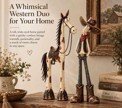🤠🐴Whimsical Western Cowboy & Horse Figurine Duo - The Perfectly Odd Western Duo