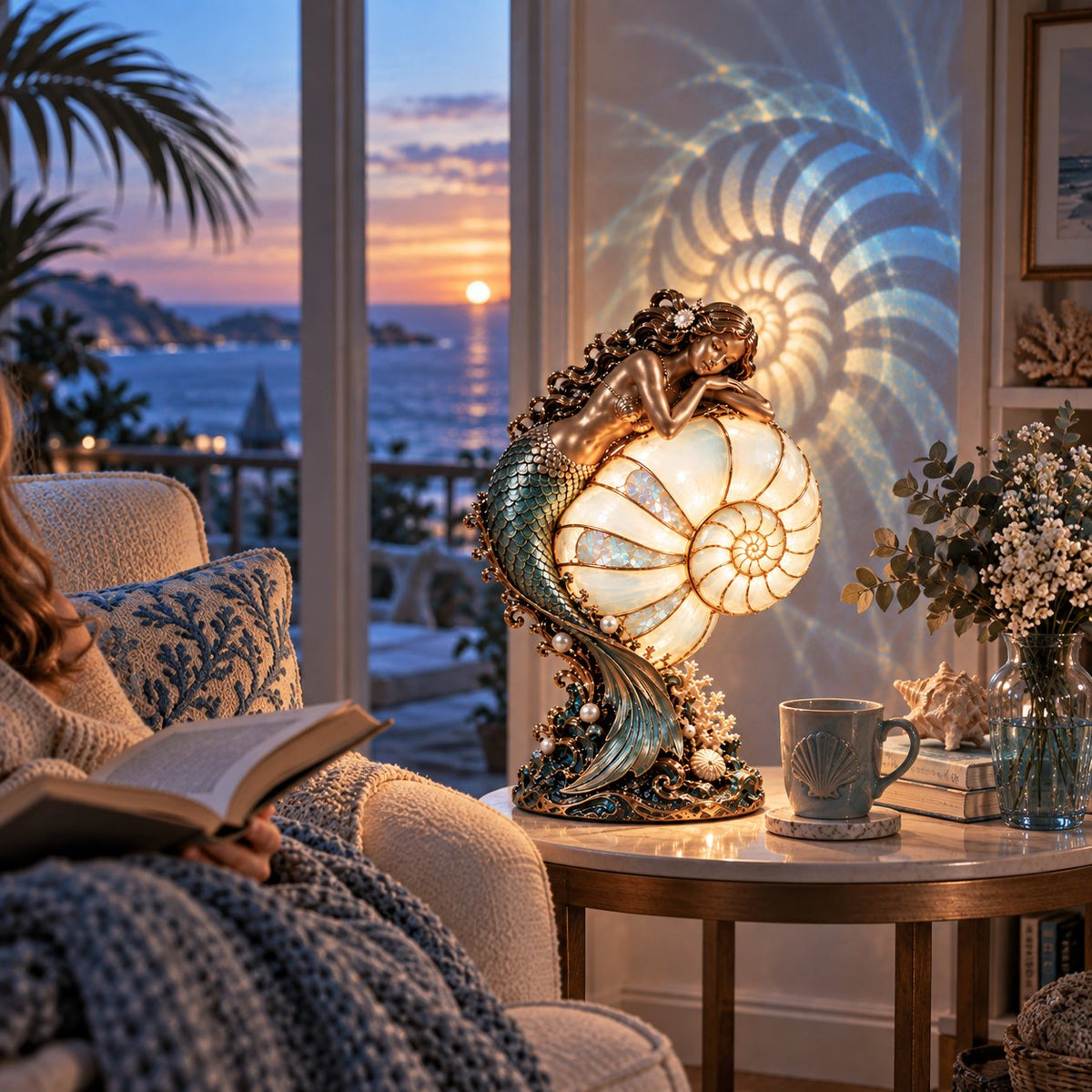 ✨🐚 Moon Tide Mermaid Nautilus Lamp