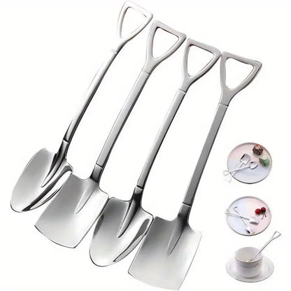 4 Pack Shovel Stainless Steel Dessert Spoon Set, Ice Cream, Cake, Fruit & Coffee Spoons for Home Kitchen Use