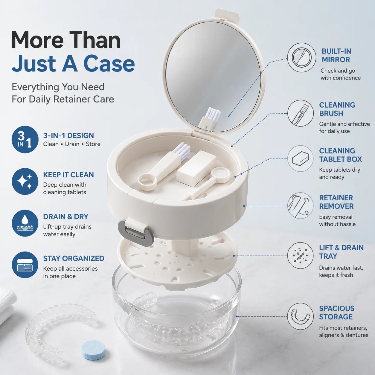 ✨ Portable 3-in-1 Retainer Cleaner Case | Clean, Drain, Dry & Store Aligners, Mouth Guards and Dentures in One Compact Organizer