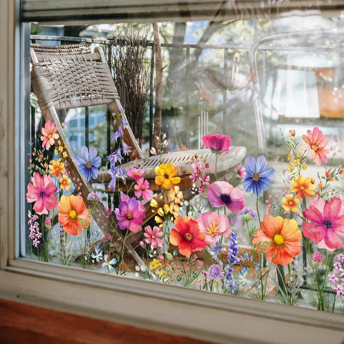 💐🖼️Colorful Floral Bouquet Window Cling - Double-Sided Printed Static Sticker for Home Decor