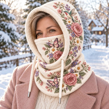 🌸 Women’s Floral 3-in-1 Winter Hood – Fleece-Lined Hat, Face Cover & Neck Warmer