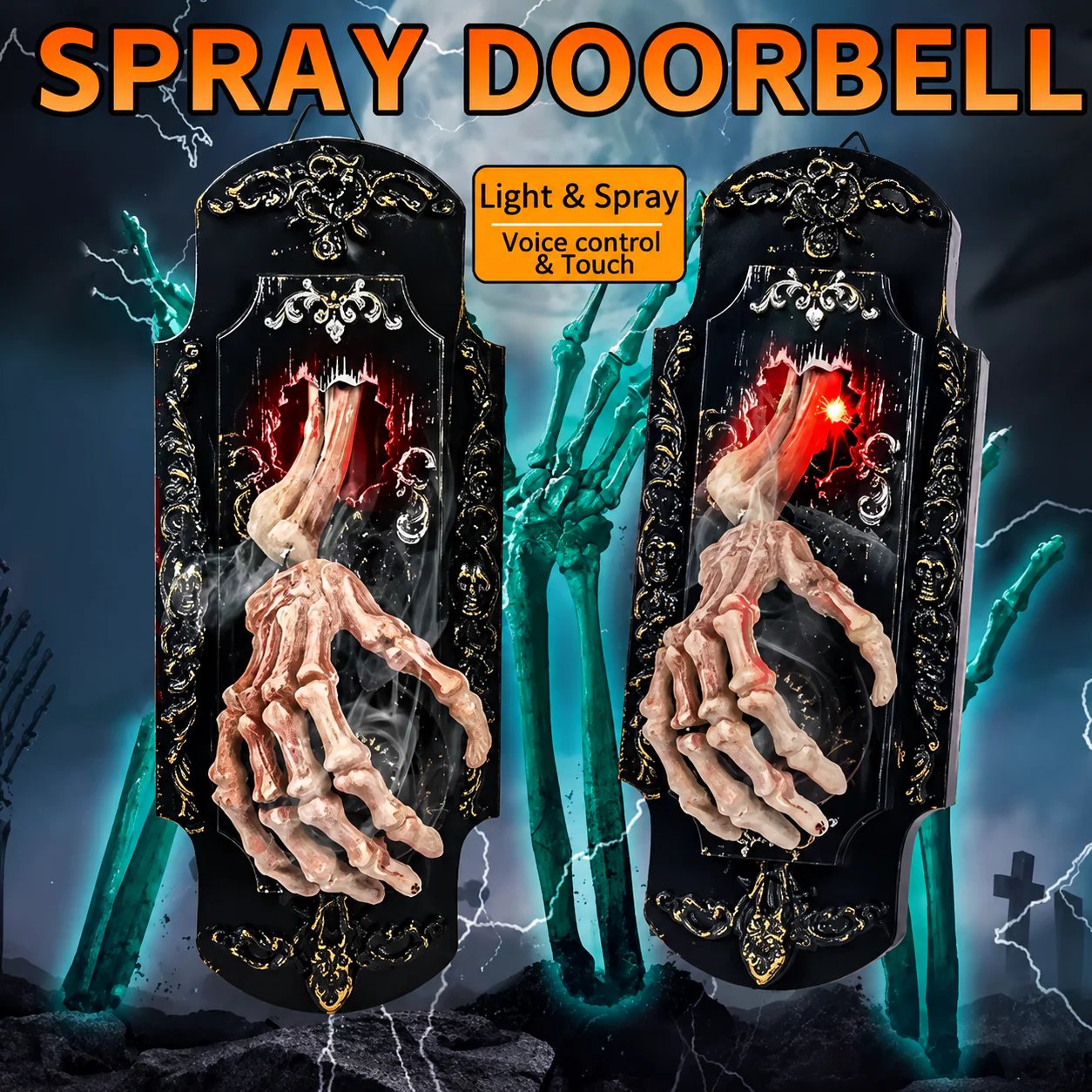 🔥HOT SALE🔥🕸️ Gothic Skeleton Hand Doorbell – Motion Activated Haunted Door Decoration💀🎃