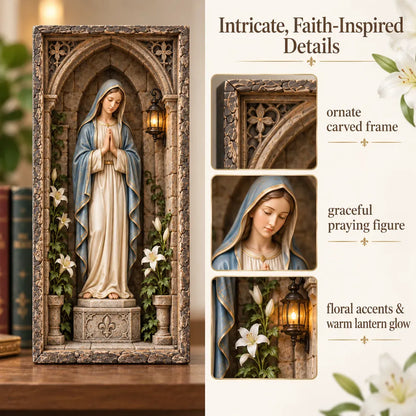 ⏳ Last Day 49% OFF –🙏 Virgin Mary Lighted Book Nook – Sacred Chapel Bookshelf Decor