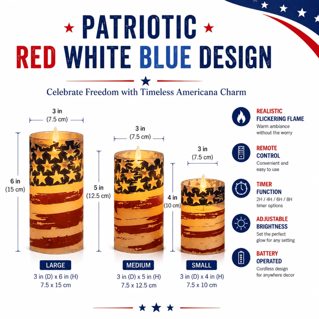 Patriotic LED Flameless Candles 3 Pack with Remote Timer 4th of July
