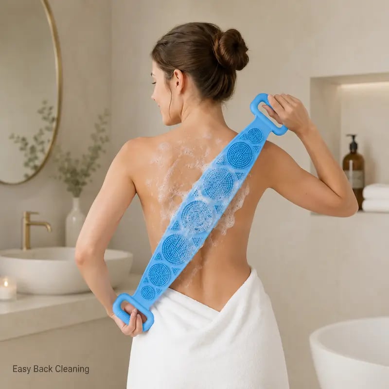 🚿 2-in-1 Silicone Back Scrubber – Double-Sided Exfoliating Brush with Soft Bristles & Mesh Sponge, Long Strap for Deep Body Cleansing, At-Home Self-Care🎁Buy 1 Get 1 Free